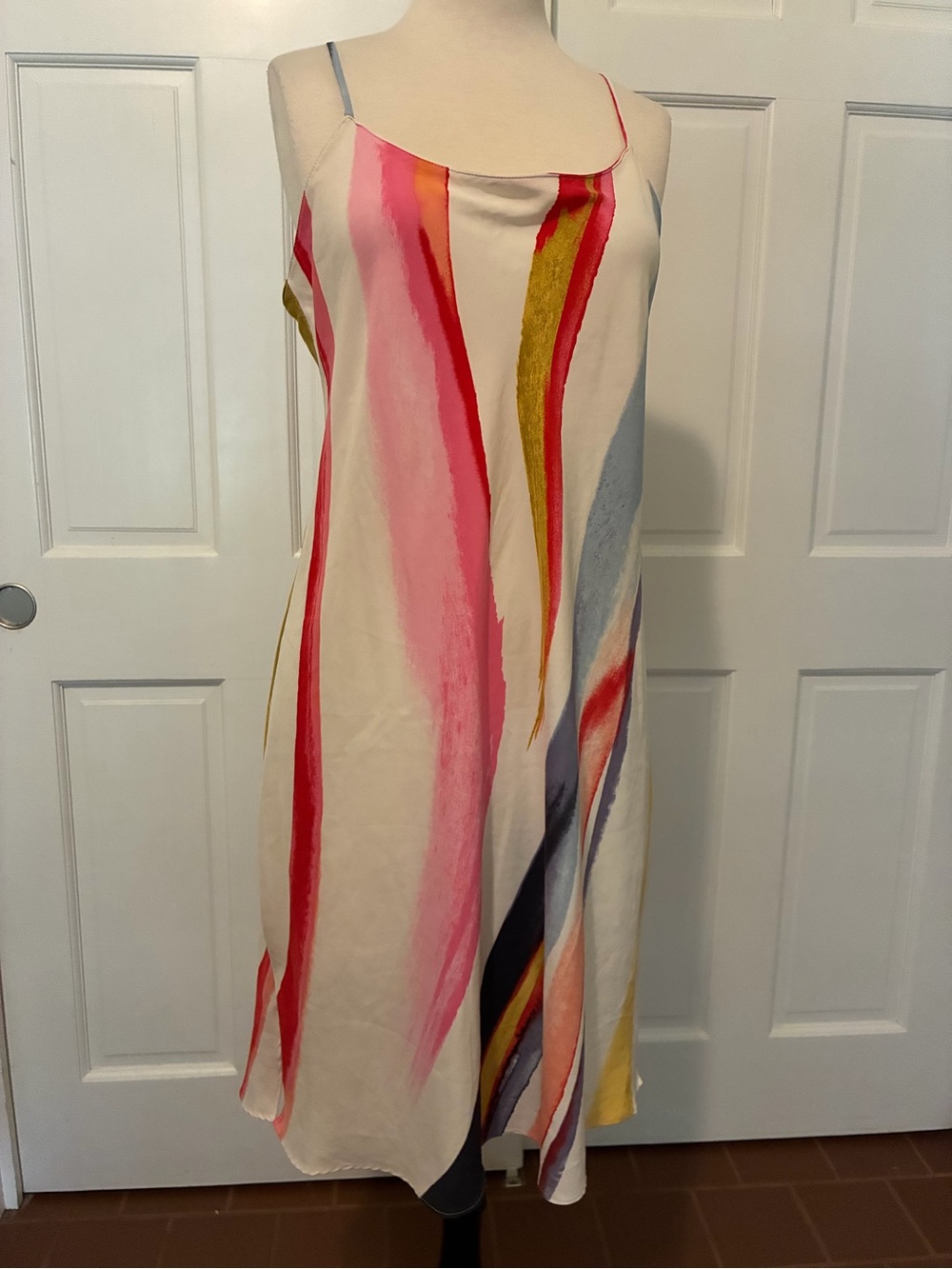 Natori Cream Silky Midi Slip Dress with Pink, Red, Gold and Blue Brushstrokes